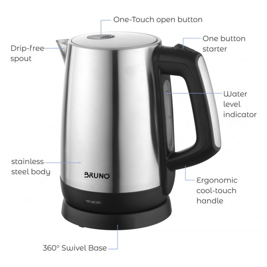 BRUNO ηλεκτρικός βραστήρας BRN-0030, 2200W, 1.7lt, βάση 360°