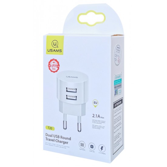 USAMS φορτιστής τοίχου T20, 2x USB, 2.1A, λευκός