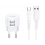 USAMS φορτιστής τοίχου T20 & καλώδιο type-C, 2x USB, 2.1A, λευκός