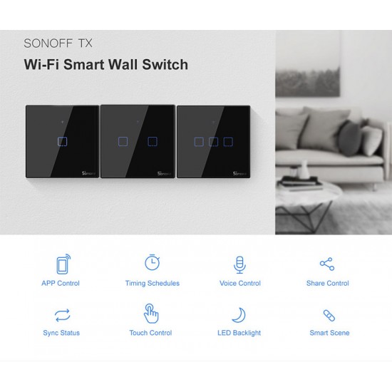 SONOFF smart διακόπτης ΤΧ-T3EU2C, αφής, Wi-Fi, διπλός, μαύρος