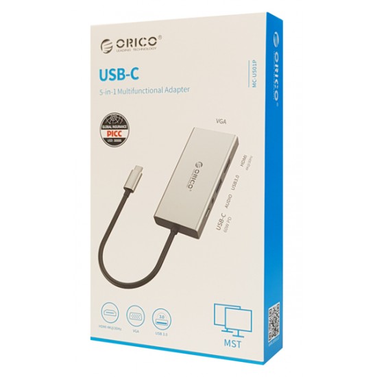ORICO docking station MC-U501P, 5 θυρών, USB-C σύνδεση, 60W PD, 4K, γκρι