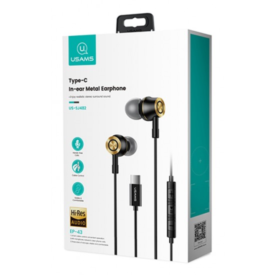 USAMS earphones με μικρόφωνο US-SJ482, USB-C σύνδεση, Φ10mm, 1.2m, μαύρα
