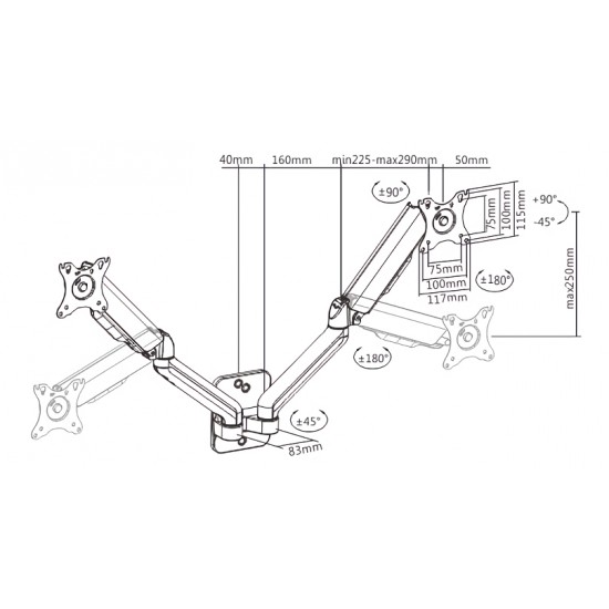 BRATECK επιτοίχια βάση για 2x οθόνες LDA32-114, 17-32", έως 9kg