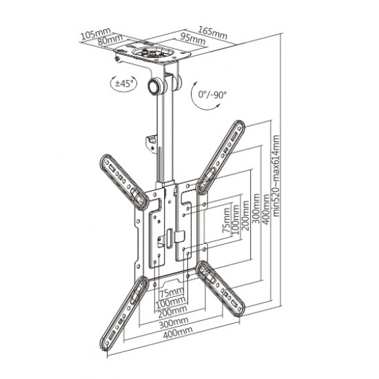 BRATECK βάση τηλεόρασης οροφής LCD-CM344, 23-55", έως 20kg