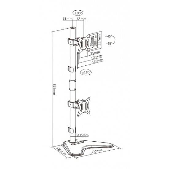 BRATECK βάση γραφείου για 2x οθόνες LDT66-T02V, 17-32", έως 9kg