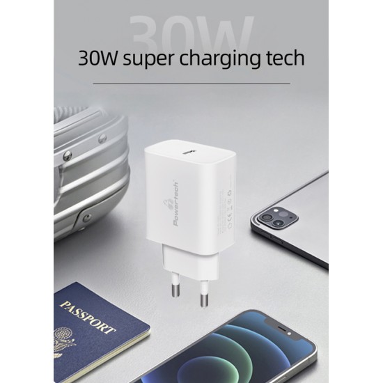 POWERTECH φορτιστής τοίχου PT-1043, USB-C, PD QC3.0, GaN, 30W, λευκός