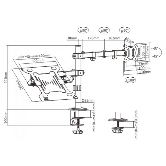 BRATECK βάση γραφείου οθόνης LDT66-C024ML, 17-32", έως 9kg, με θέση για laptop