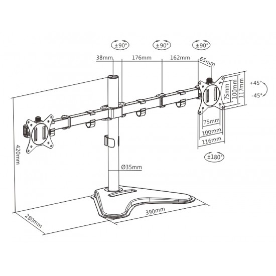 BRATECK βάση γραφείου για 2x οθόνες LDT66-T024, 17-32", έως 9kg