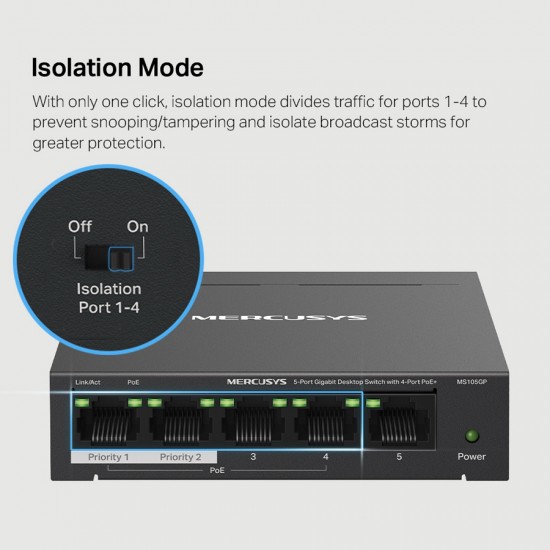 MERCUSYS Desktop Switch MS105GP, 5x 10/100/1000 Mbps, PoE+, V.3.0
