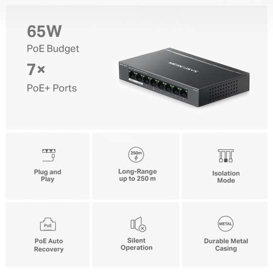 MERCUSYS Desktop Switch MS108GP, 8x 10/100/1000 Mbps, PoE+, V.1.20