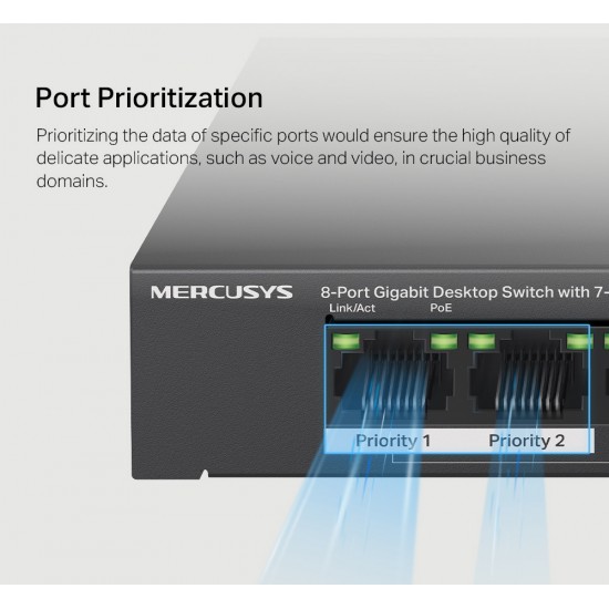 MERCUSYS Desktop Switch MS108GP, 8x 10/100/1000 Mbps, PoE+, V.1.20