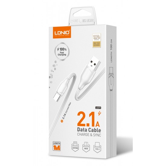 LDNIO καλώδιο Lightning σε USB LS371, 2.1A, 1m, λευκό