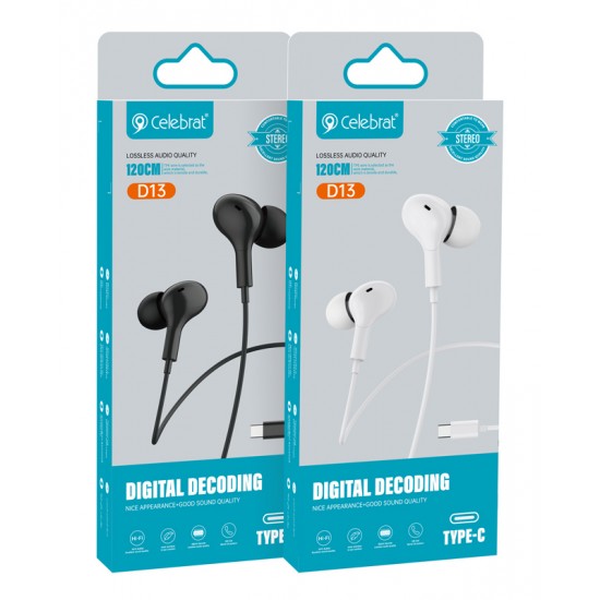 CELEBRAT earphones με μικρόφωνο D13, USB-C σύνδεση, Φ10mm, 1.2m, λευκά