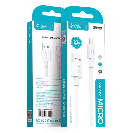 CELEBRAT καλώδιο Micro USB σε USB CB-24M, 2.1A, 1.2m, λευκό