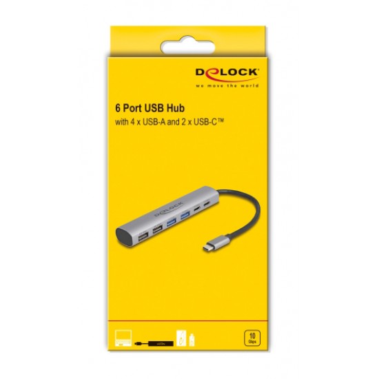 DELOCK USB hub 64232, 6x θυρών, 10Gbps, USB-C σύνδεση, γκρι