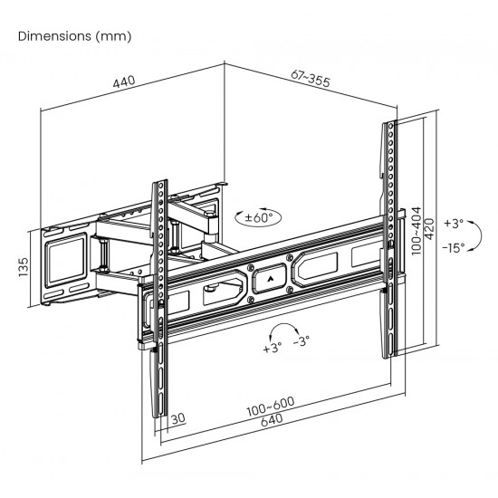 POWERTECH επιτοίχια βάση τηλεόρασης PT-1130, 37-80", έως 40kg, full motion