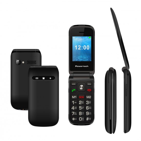 POWERTECH κινητό τηλέφωνο Milly Flip V2, 2.4", dual SIM, πλήκτρο SOS, μαύρο