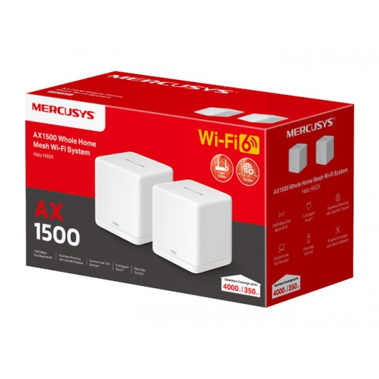 MERCUSYS Mesh WiFi 6 System Halo H60X, 1500Mbps Dual Band, 2τμχ, V.1.0