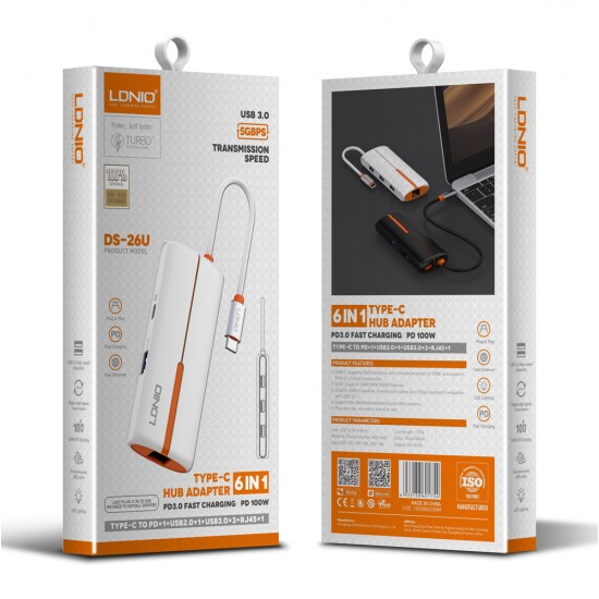 LDNIO USB hub DS-26U με θύρα δικτύου, 6 θυρών, USB-C σύνδεση, 100W PD, λευκό