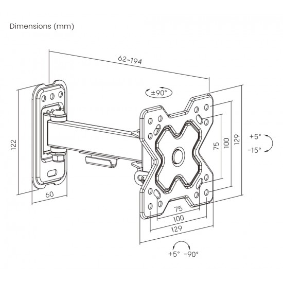 POWERTECH επιτοίχια βάση τηλεόρασης PT-1277, 13-32", έως 20kg, full motion
