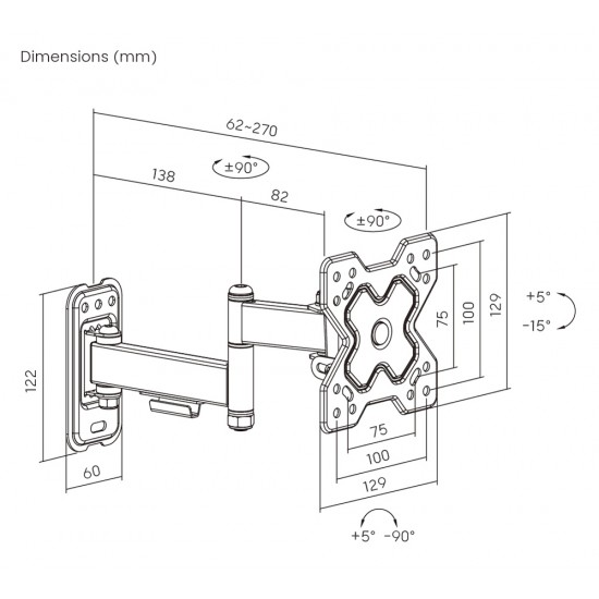 POWERTECH επιτοίχια βάση τηλεόρασης PT-1278, 13-32", έως 20kg, full motion