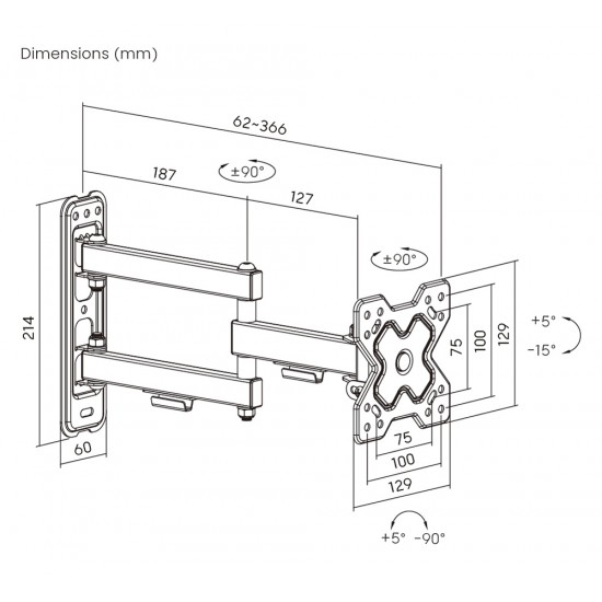 POWERTECH επιτοίχια βάση τηλεόρασης PT-1279, 13-32", έως 20kg, full motion