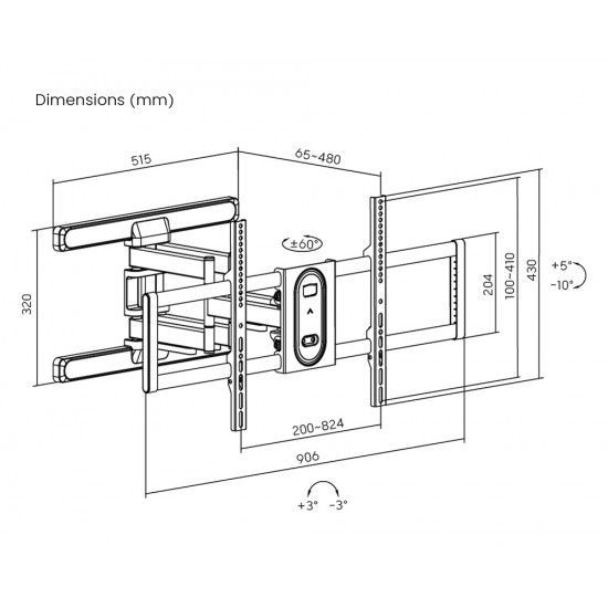 POWERTECH επιτοίχια βάση τηλεόρασης PT-1280, 43-100", έως 60kg, full motion