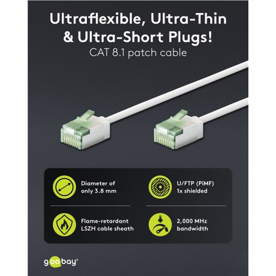 GOOBAY καλώδιο δικτύου 74358, CAT 8.1 U/FTP, ultra slim, copper, 40Gbps, 0.25m, λευκό