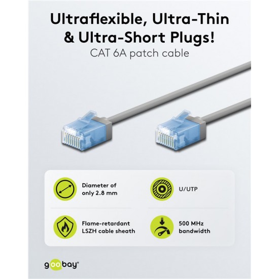 GOOBAY καλώδιο δικτύου 74223, CAT 6A U/UTP, ultra slim, copper, 500MHz, 2m, γκρι
