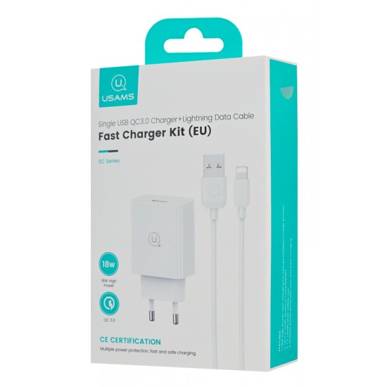 USAMS φορτιστής τοίχου SCXLTZ03 με καλώδιο Lightning, USB, 18W, λευκός