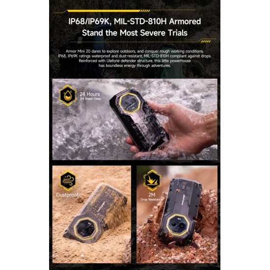 ULEFONE smartphone Armor Mini 20, 4.7", 8/256GB, 4G, 6200mAh, IP68/IP69K, μαύρο