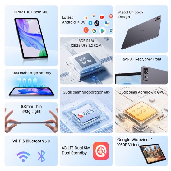 CHUWI tablet AuPad, 10.95", 8/128GB, 4G, Android 14, 7000mAh, γκρι