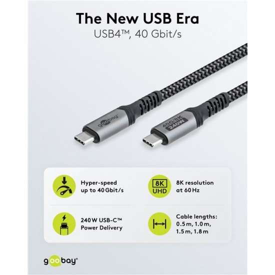 GOOBAY καλώδιο USB-C 74210, USB4, 240W, 40Gbps, 8K/60Hz, 0.50m, γκρι