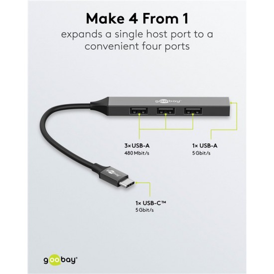 GOOBAY USB hub 74457, 4x θυρών, USB 3.2, 5Gbps, USB-C σύνδεση, γκρι