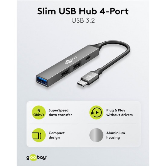 GOOBAY USB hub 74459, 4x θυρών, USB 3.2, 5Gbps, USB-C σύνδεση, γκρι