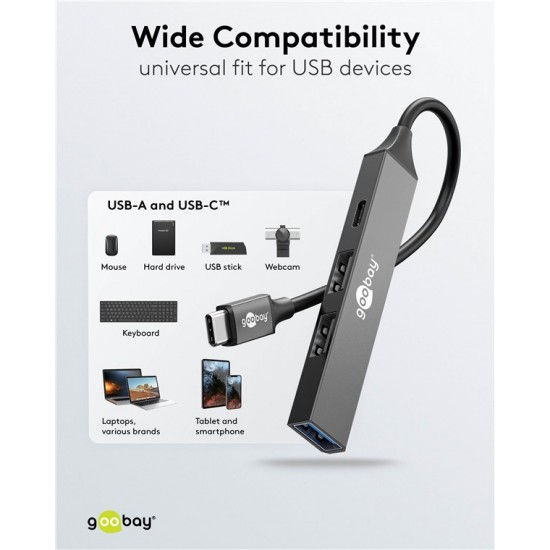 GOOBAY USB hub 74459, 4x θυρών, USB 3.2, 5Gbps, USB-C σύνδεση, γκρι
