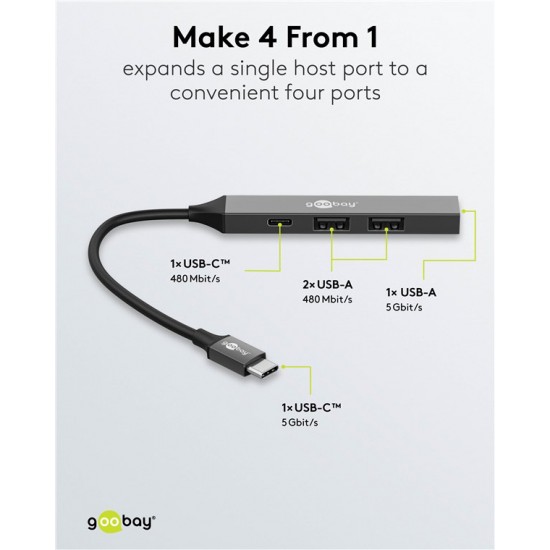 GOOBAY USB hub 74459, 4x θυρών, USB 3.2, 5Gbps, USB-C σύνδεση, γκρι