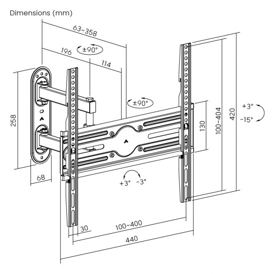 POWERTECH επιτοίχια βάση τηλεόρασης PT-1388, 32-65", έως 35kg, full motion