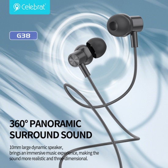 CELEBRAT earphones με μικρόφωνο G38, USB-C σύνδεση, 10mm, 1.2m, μαύρα
