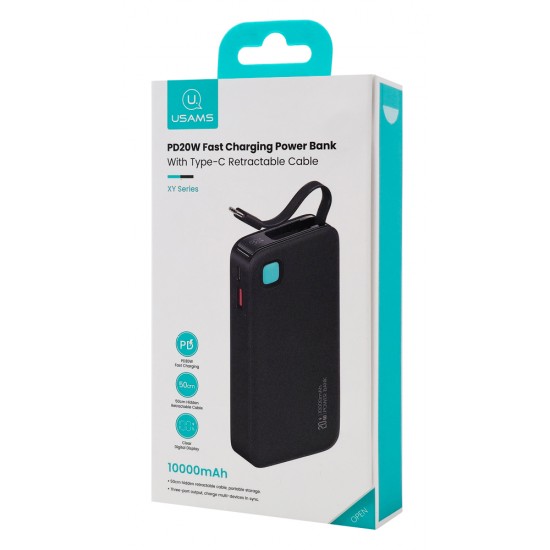 USAMS power bank CD224 με καλώδιο USB-C, 2x θύρες εξόδου, 10000mAh, 20W, μαύρο