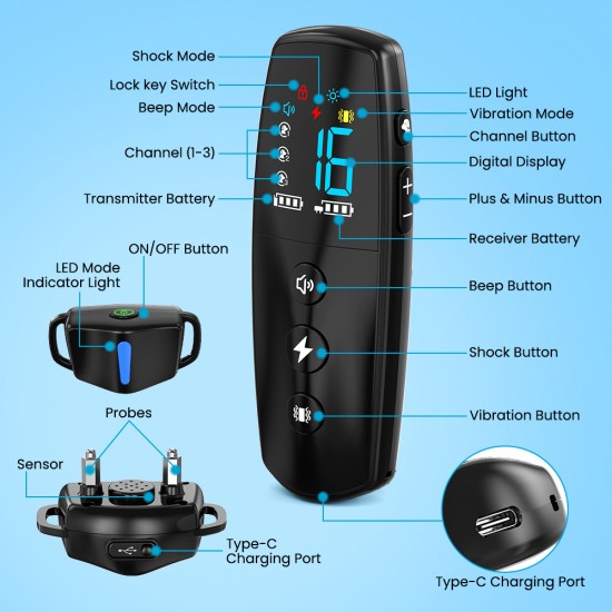 POWERTECH ηλεκτρικό κολάρο εκπαίδευσης σκύλου PT-1398 με ασύρματο χειριστήριο, εμβέλεια 800m