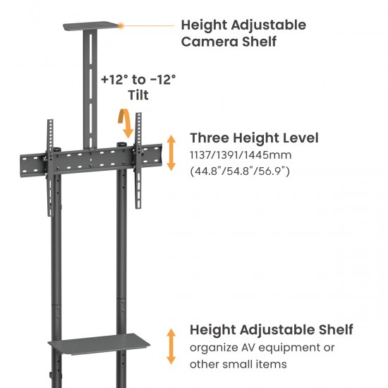 BRATECK βάση τηλεόρασης δαπέδου T1042T, 37-70", έως 45kg, με ράφια & ροδάκια