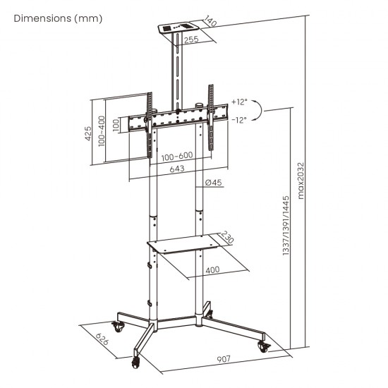 BRATECK βάση τηλεόρασης δαπέδου T1042T, 37-70", έως 45kg, με ράφια & ροδάκια