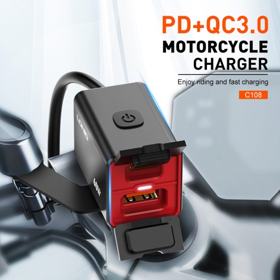 LDNIO φορτιστής μοτοσυκλέτας C108 με καλώδιο, USB/USB-C, 60W, μαύρος