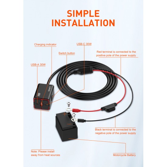 LDNIO φορτιστής μοτοσυκλέτας C108 με καλώδιο, USB/USB-C, 60W, μαύρος