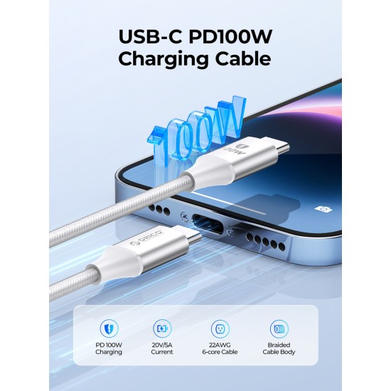 ORICO καλώδιο USB-C CDX-100CC, 100W, 480Mbps, 1m, λευκό