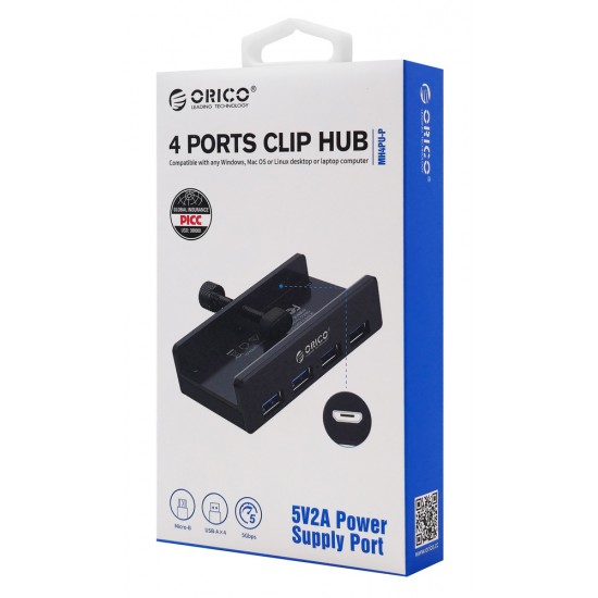 ORICO USB hub MH4PU-P με σφιγκτήρα, 4x θυρών, 5Gbps, USB σύνδεση, μαύρο