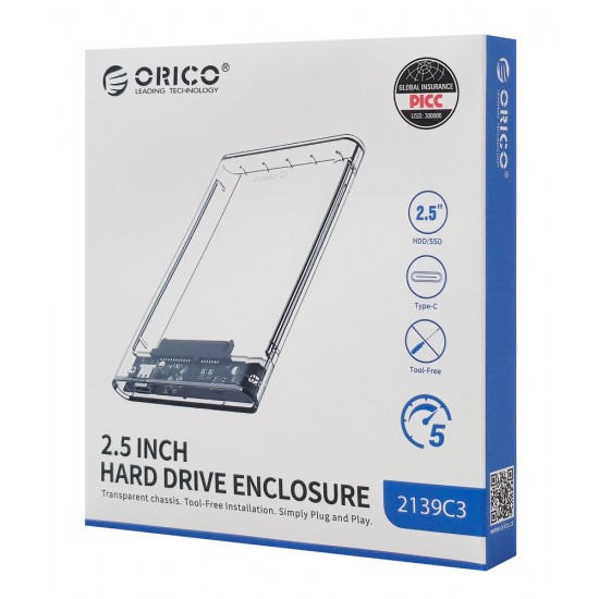 ORICO θήκη για 2.5" SATA HDD/SSD 2139C3, 5Gbps, διάφανη