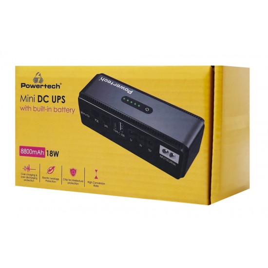 POWERTECH mini DC UPS PT-1436, 18W, 8800mAh, 3x DC, USB/USB-C/LAN/POE, μαύρο