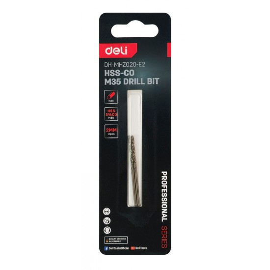DELI σετ τρυπάνια DH-MHZ020-E2 για μέταλλο, M35 HSS 5% κοβαλτίου, DIN 388, 2x49mm, κυλινδρικό, 2τμχ